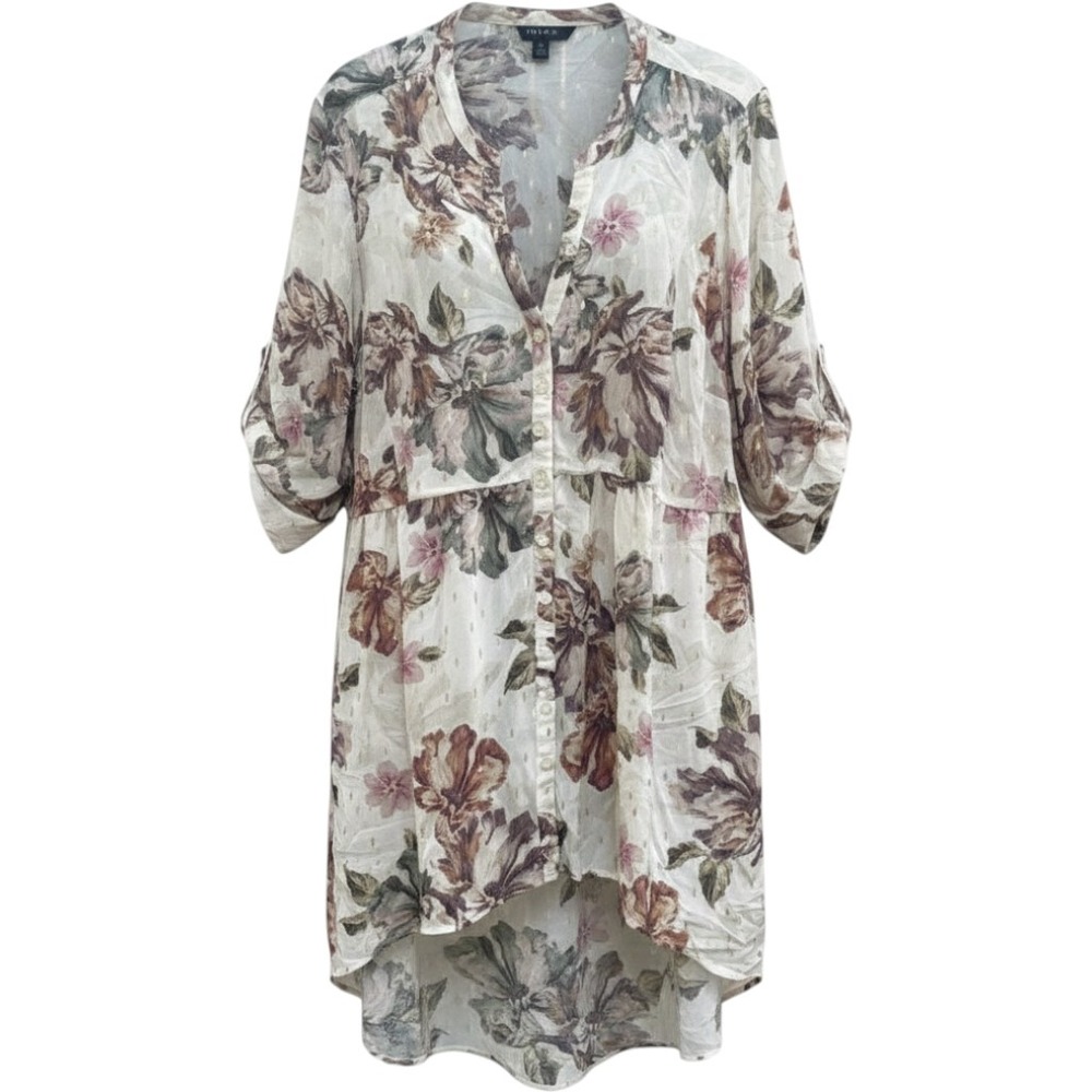 Torrid Floral Gold Foil Clip Dot Babydoll Tunic Top 3 Plus Size Ivory Brown